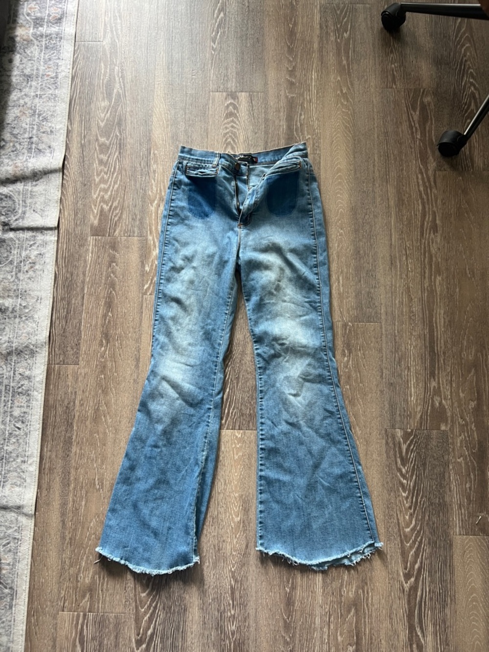 Distressed BDG Classic Blue Flare Women's Jeans - Light Blue Denim